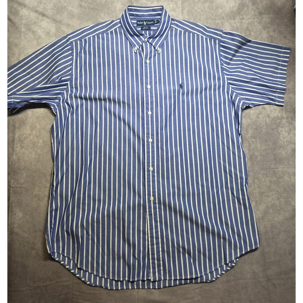 Ralph Lauren Blake Short Sleeve Button Down Shirt Mens L Blue Stripe Cotton